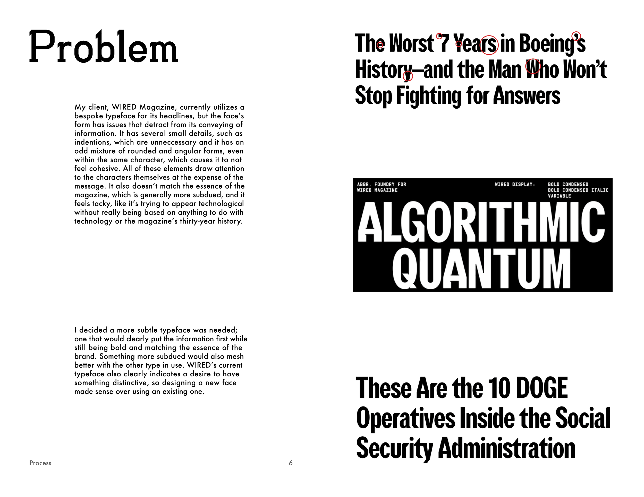 A publication page with text discussing issues with font choices and design in a magazine, highlighting problems with the existing typeface used by WIRED.