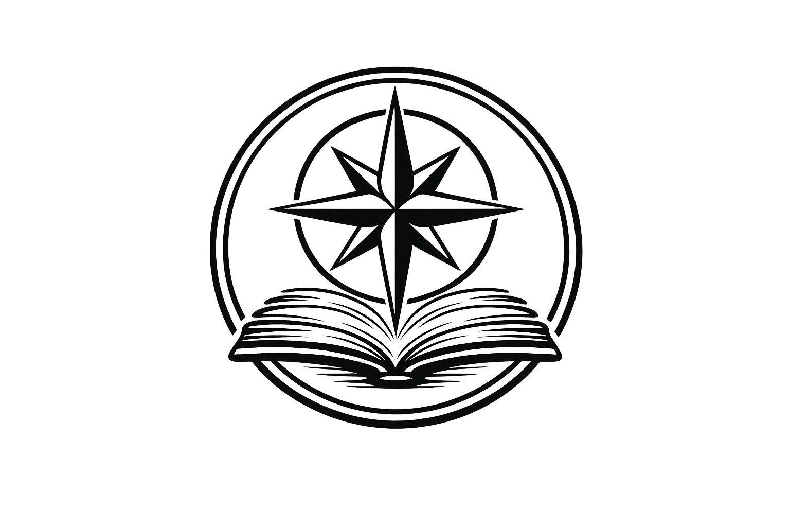 A black and white emblem featuring a compass rose above an open book, enclosed within a circular border.