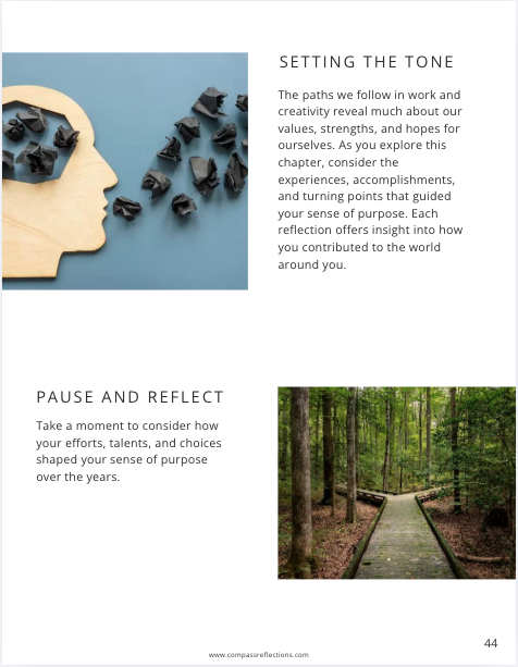 A diagram of a human head silhouette filled with black chess pieces on a blue background, and a photograph of a wooden pathway through a green forest.