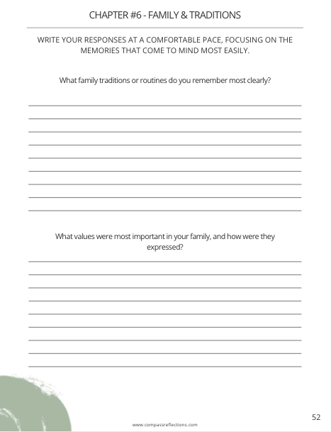 A worksheet titled 'Chapter 6 - Family & Traditions' with prompts asking about family traditions and values, including lines for writing responses.