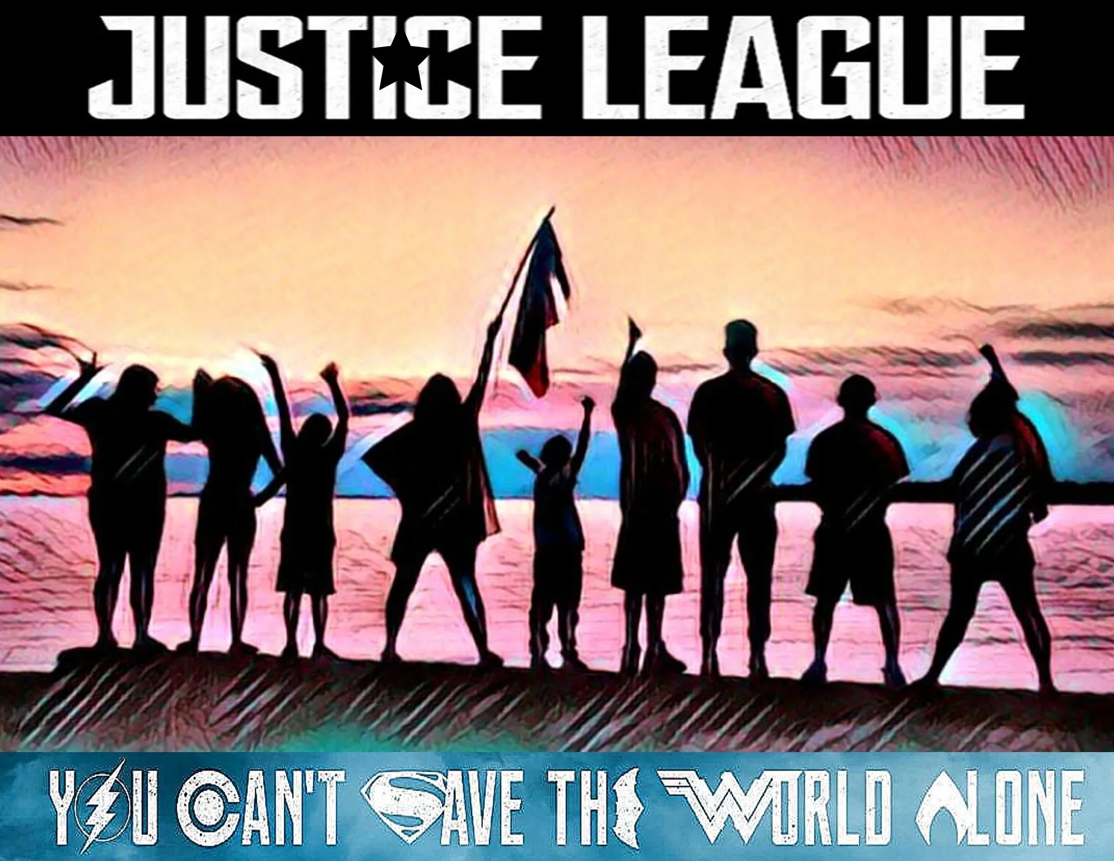 Silhouettes of people on a beach at sunset, some holding the national flag, with overlay text promoting Friends for Life: Justice League and a message that says 'You can't save the world alone.'