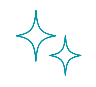 Two stylized, glowing star shapes with teal outlines