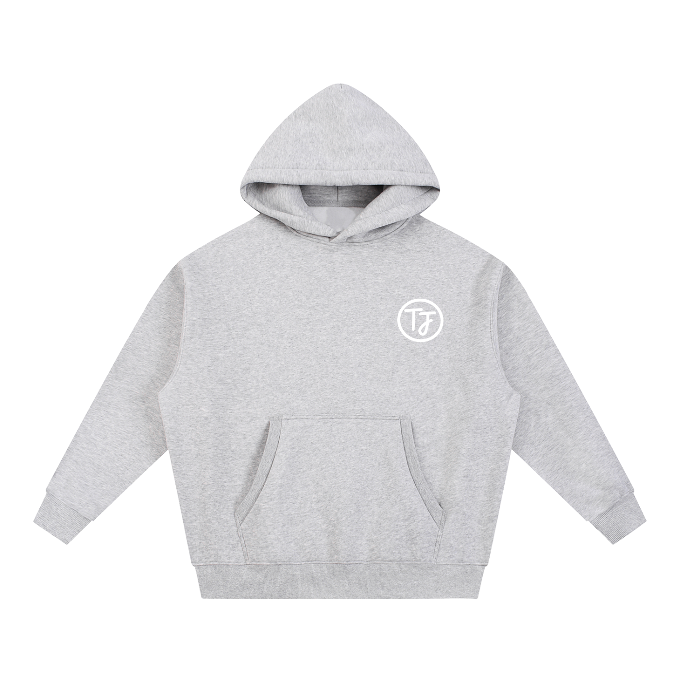Light gray hoodie with a small logo on the chest and a front pocket.