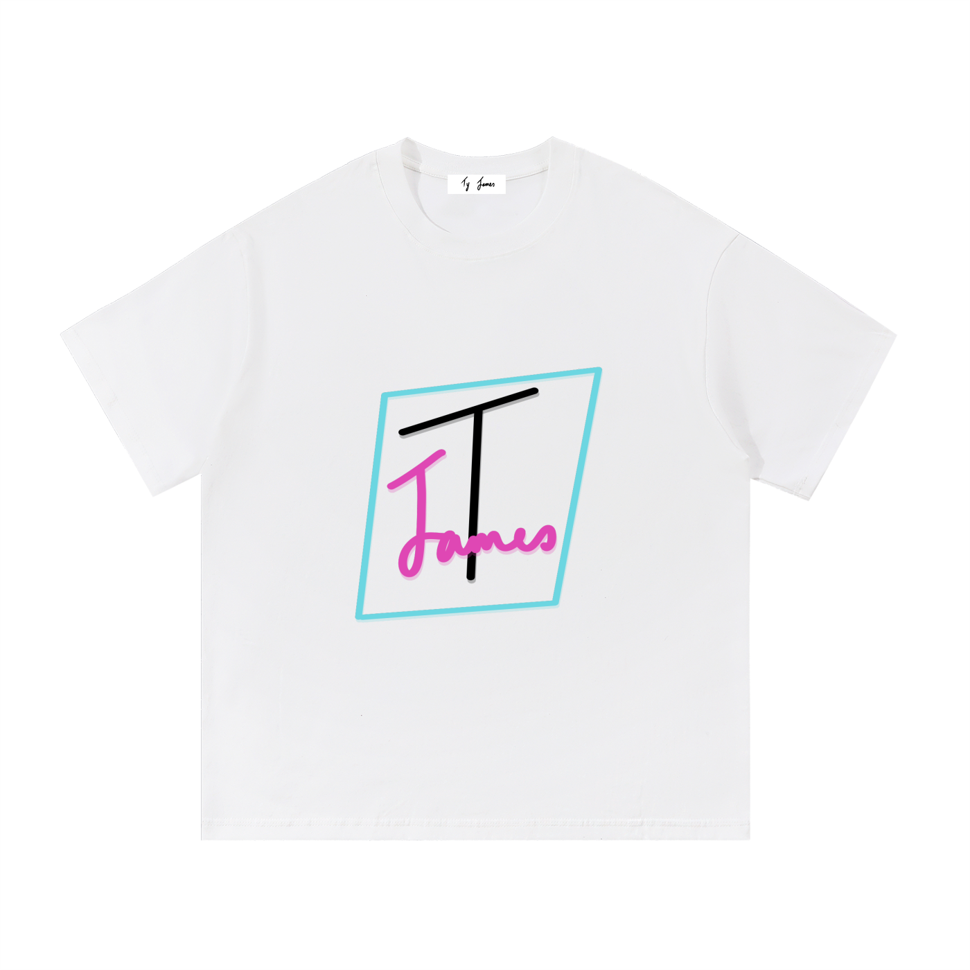 White T-shirt with a graphic design featuring the word 'James' in pink script, a stylized letter 'T' in black, and a tilted light blue square outline.