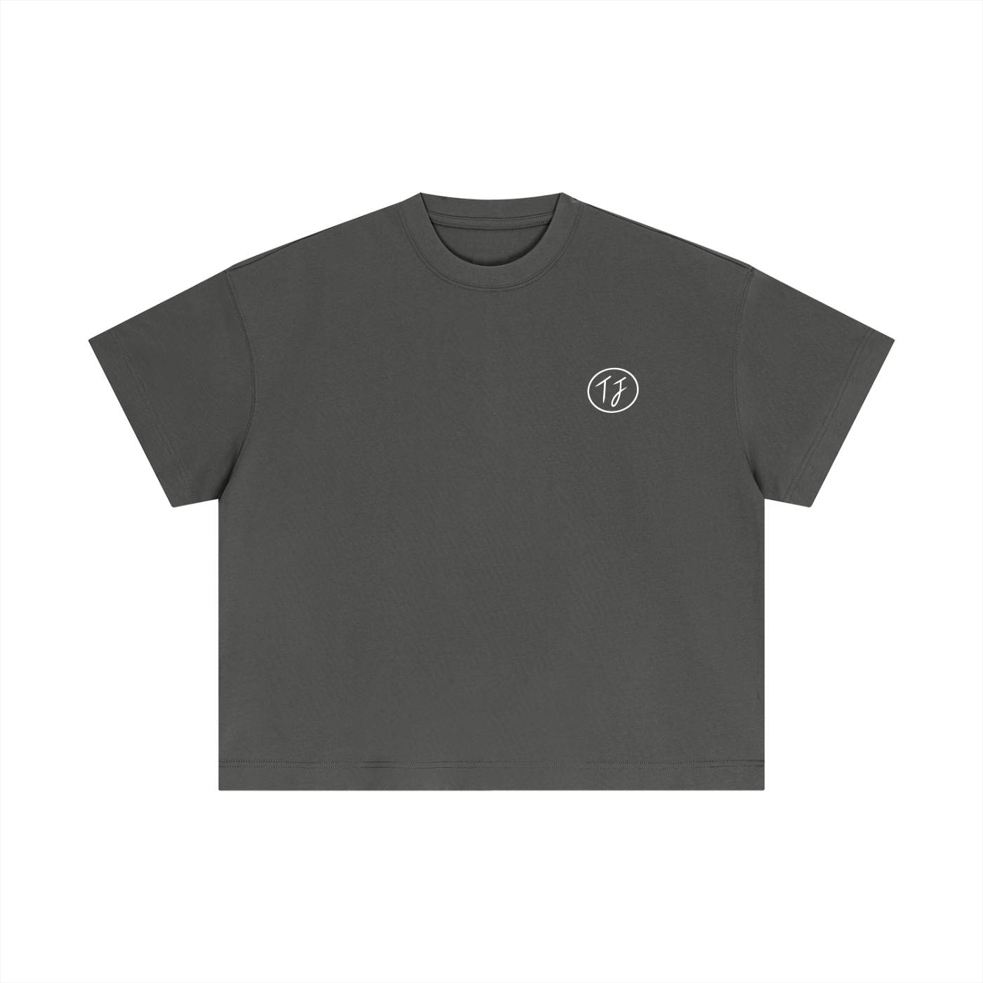 Gray T-shirt with small white logo featuring initials 'TJ' inside a circle on the upper left chest.