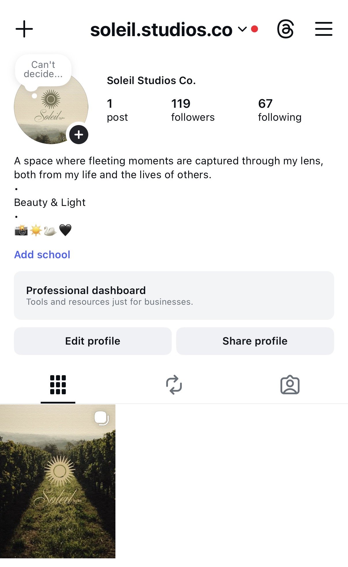 Instagram profile page for Soleil Studios Co., featuring a logo with a sun icon and the words 'Soleil' on a landscape background, along with a bio about capturing fleeting moments through photography, emphasizing beauty and light.