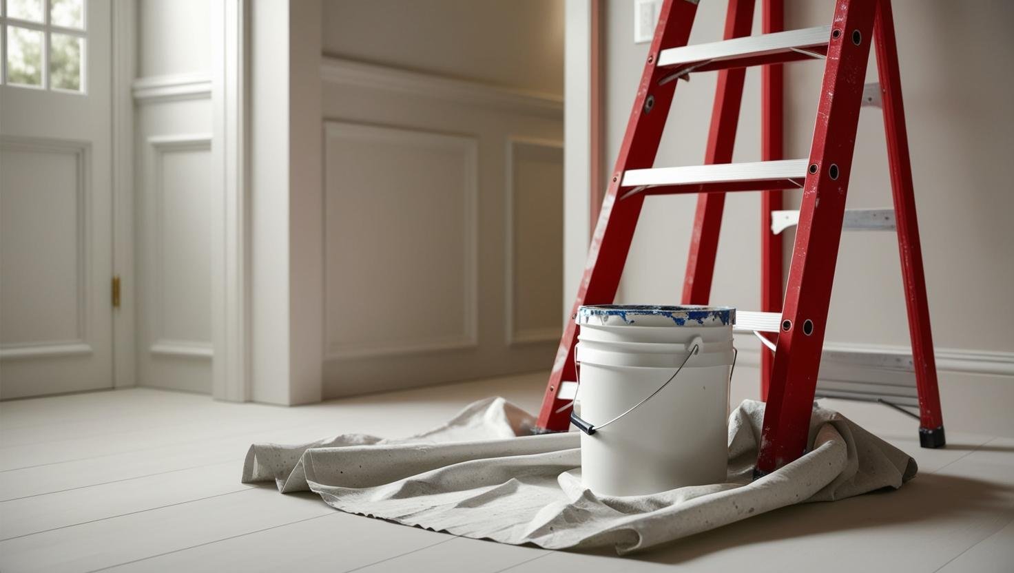 Painting supplies including a white bucket with a brush, a drop cloth, a red ladder, and a wall in the process of being painted.