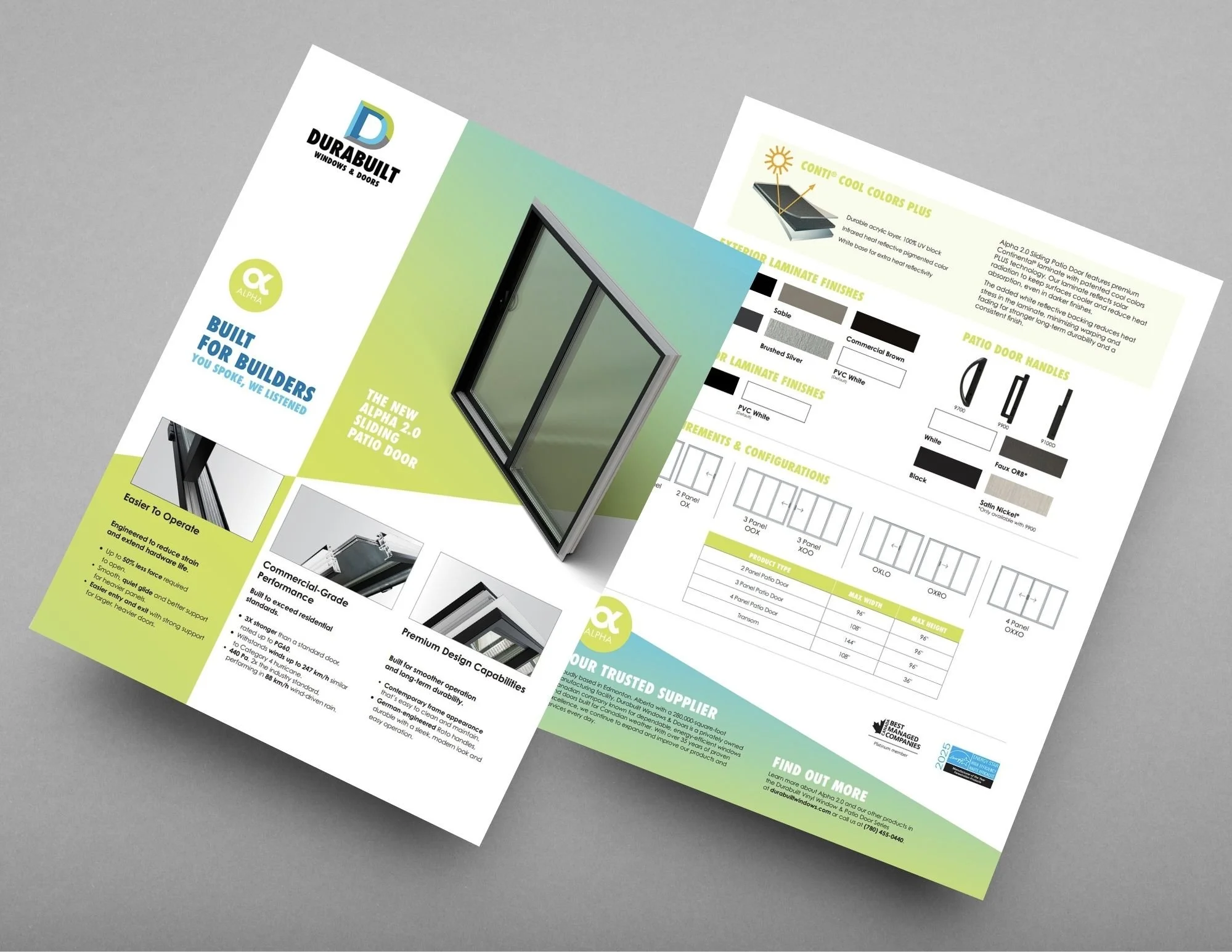 Alpha 2.0 Sliding Patio Door | A builder-specific sell sheet developed in collaboration with a marketing agency, tailored to address performance, efficiency, and value points most relevant to homebuilders.