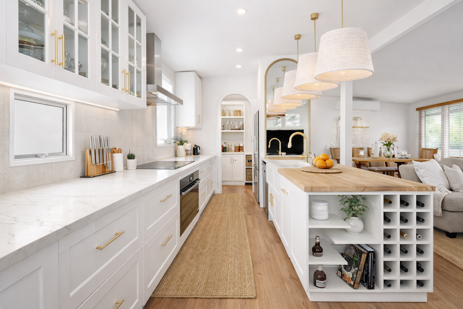 Modern white kitchen with gold hardware, marble countertops, open shelving, wooden accents, and a dining area with pendant lighting.