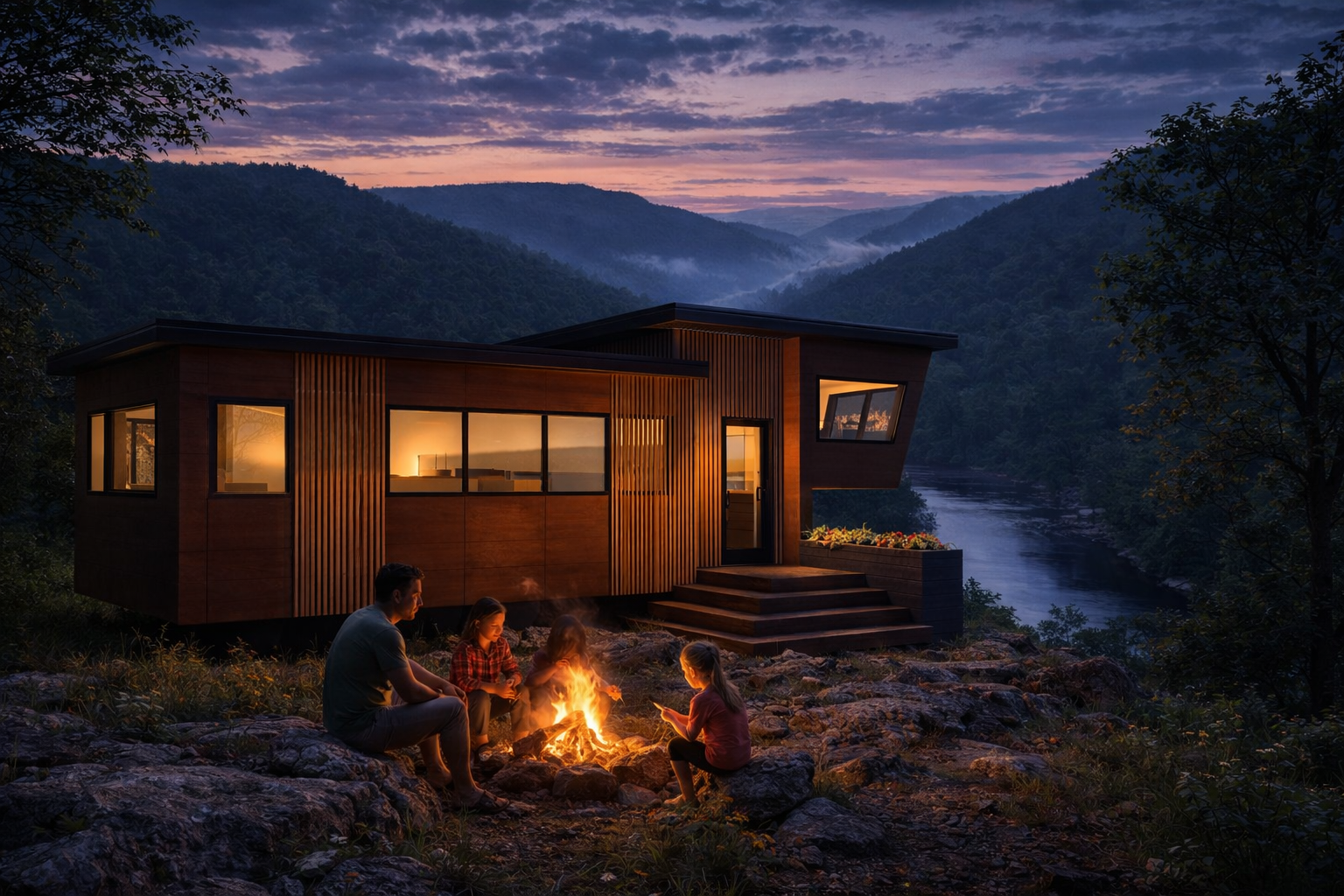A family sitting around a campfire outside a modern house near a river, with mountains and a colorful sky at dusk in the background.