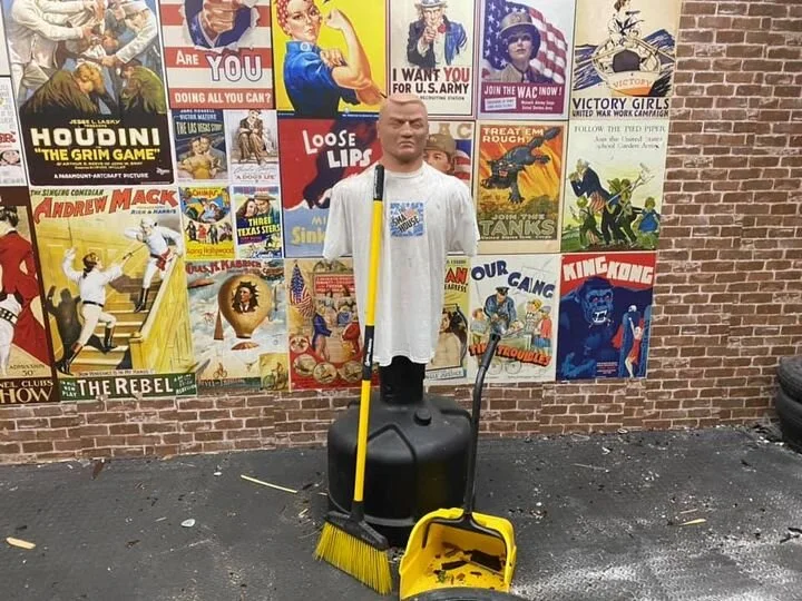 Smashit Bob working hard cleaning up our rage rooms. I see a bonus coming for Bob. He's such a good worker. 