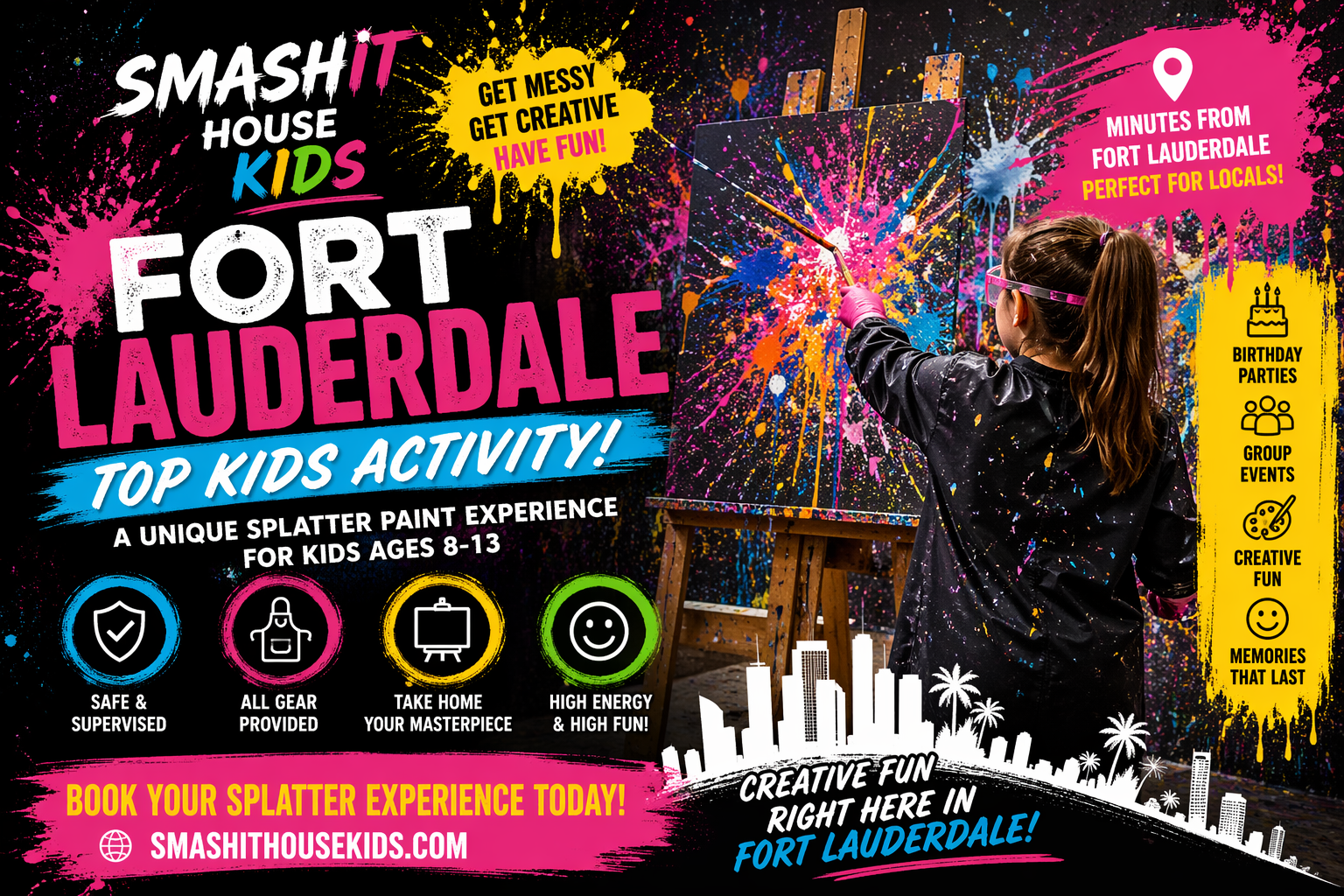 A child with glasses and pink gloves creating colorful splatter paint art on a canvas in a paint activity for kids. The advertisement promotes a splatter paint experience for children ages 8-13, located in Fort Lauderdale, near Miami, featuring themes like birthday parties, group events, and creative fun.