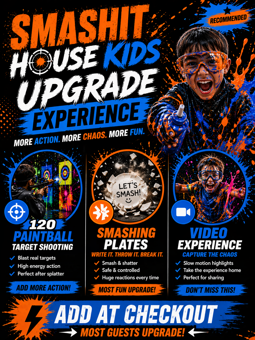 Colorful promotional poster for Smasht Kids Upgrade Experience featuring a child with splattered paint. Showcases paintball target shooting, smashing plates, and a video experience with energetic designs and bold text.