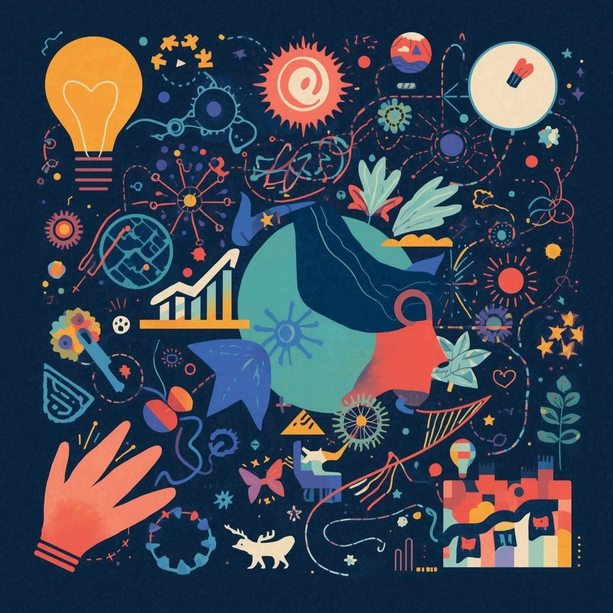 Colorful abstract illustration featuring a human head with plants and various symbols like a light bulb, graph, gears, a DNA strand, butterfly, and a dinosaur surrounding it, representing ideas, growth, and creativity.