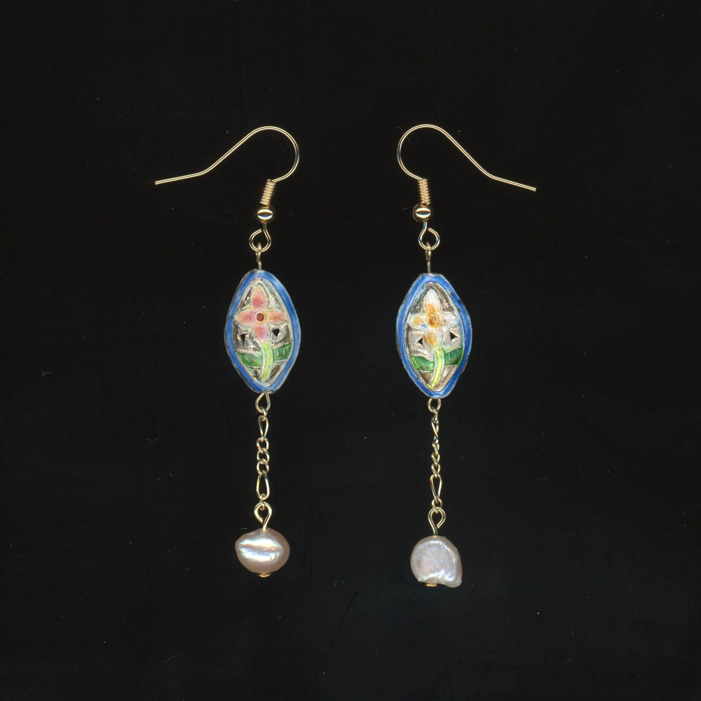 Cloisonné Flower - Dangling Freshwater Pearl