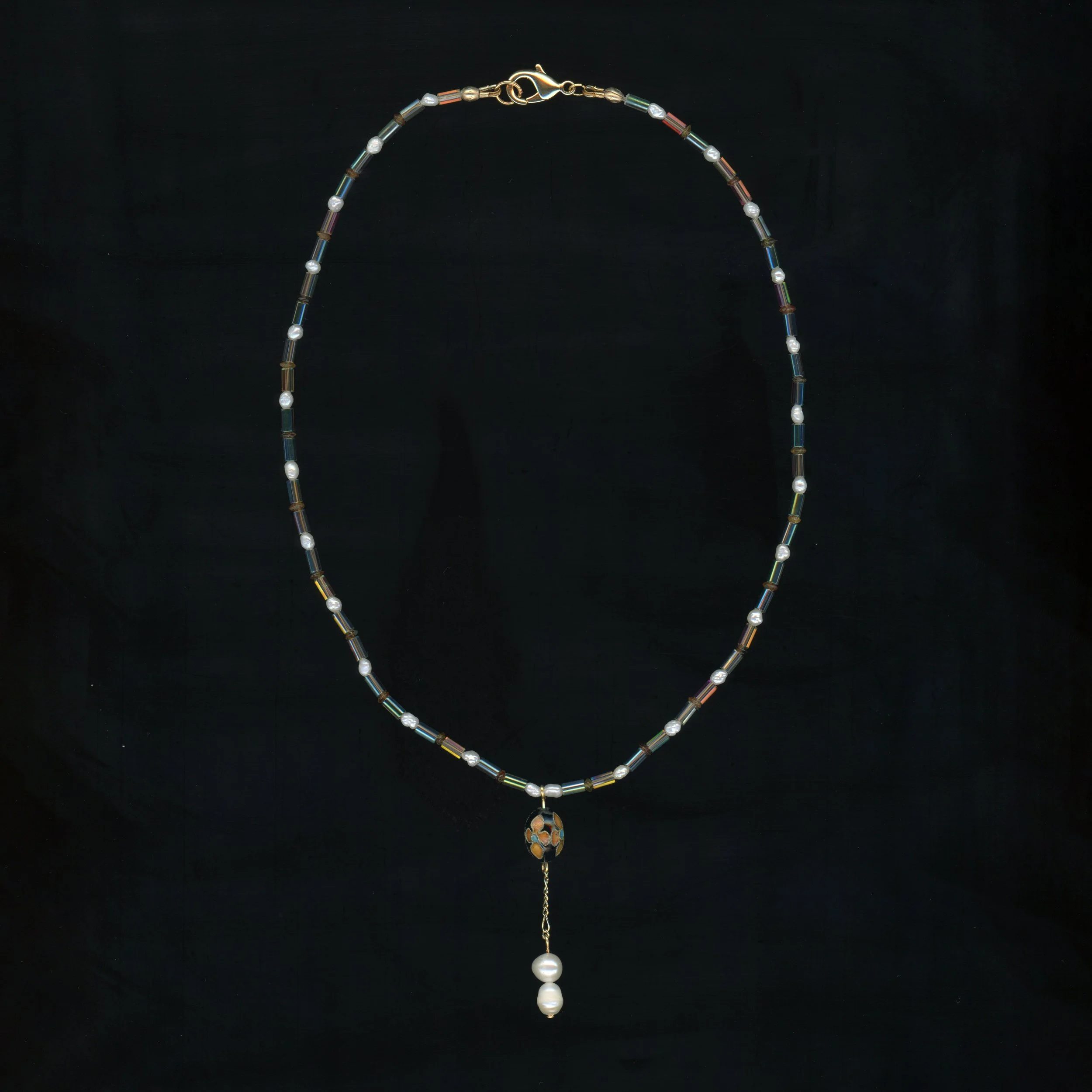 Cloisonné with Dangling Freshwater Pearl - Czech Crystal