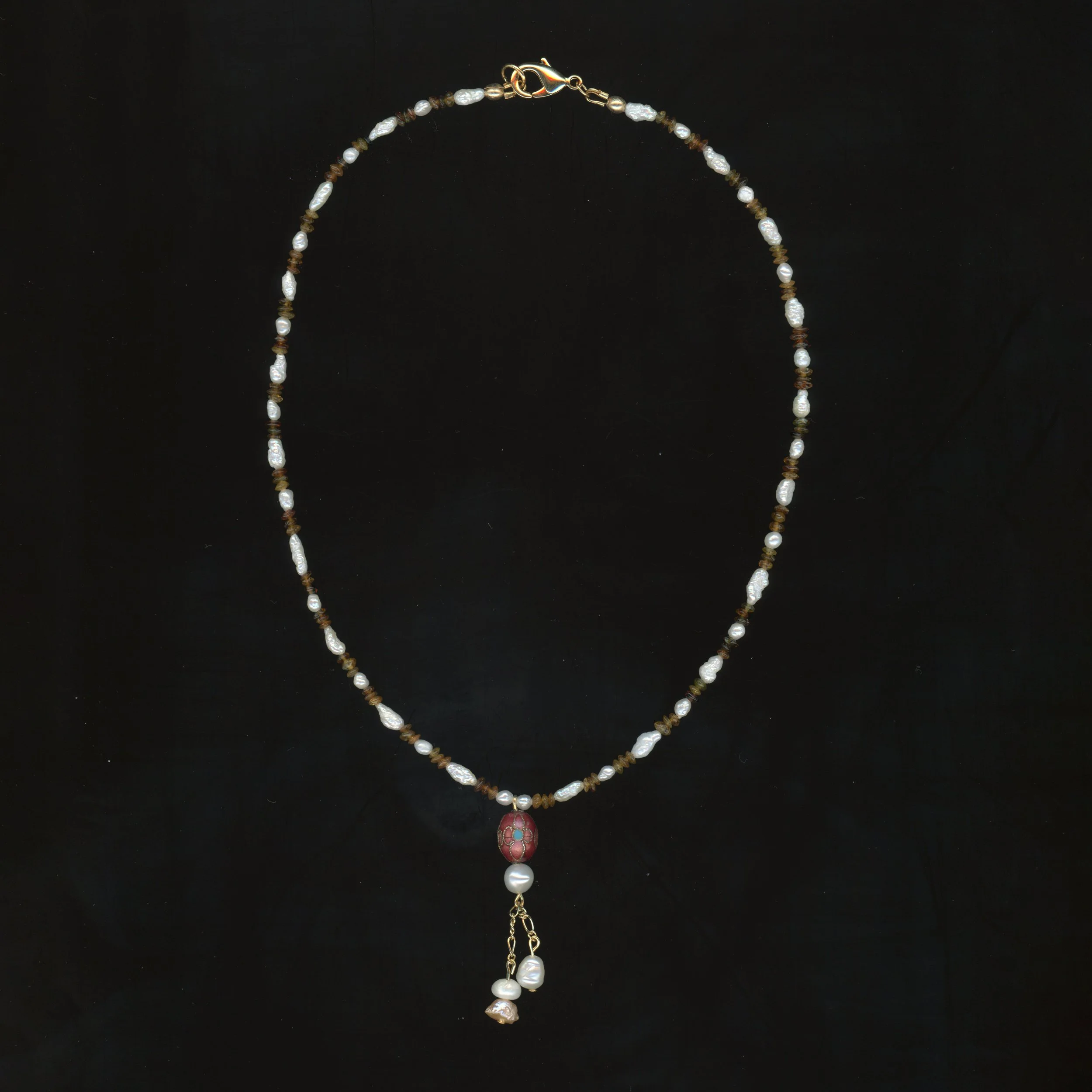Cloisonné with Dangling Pearls - Keshi Pearl & Glass