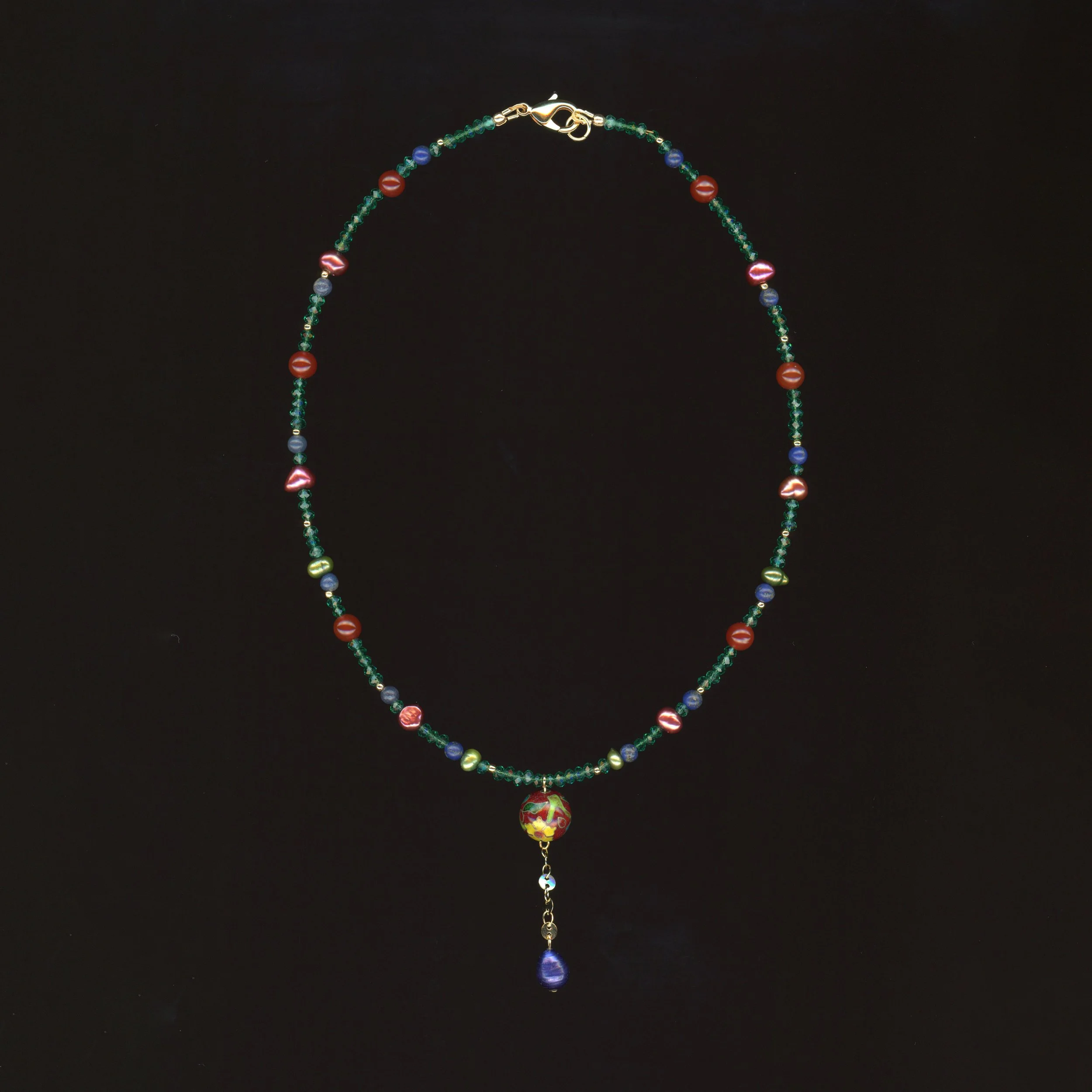 Cloisonné with Dangling Pearl - Czech Crystal & Pearl