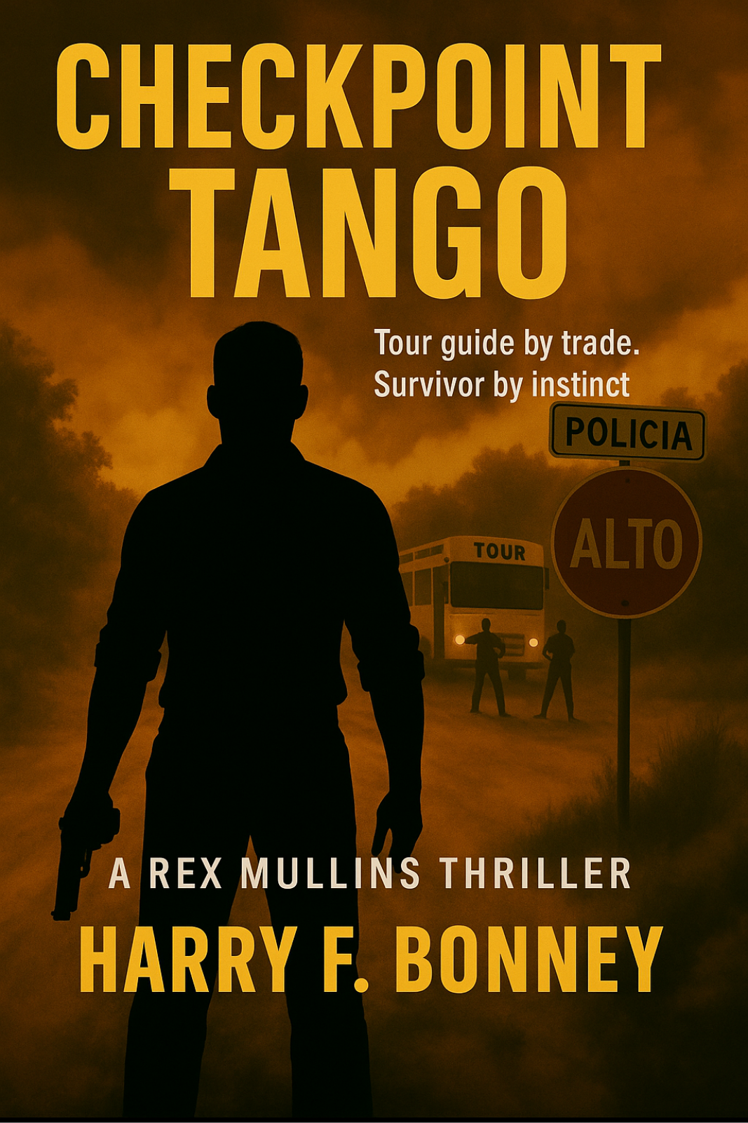 Book cover for "Checkpoint Tango" by Harry F. Bonney. Features a silhouette of a man holding a gun, facing a police checkpoint sign in a smoky or dusty environment, with a tour bus and two officers in the background. Text includes "Tour guide by trade. Survivor by instinct," and indicates it's a Rex Mullins thriller.