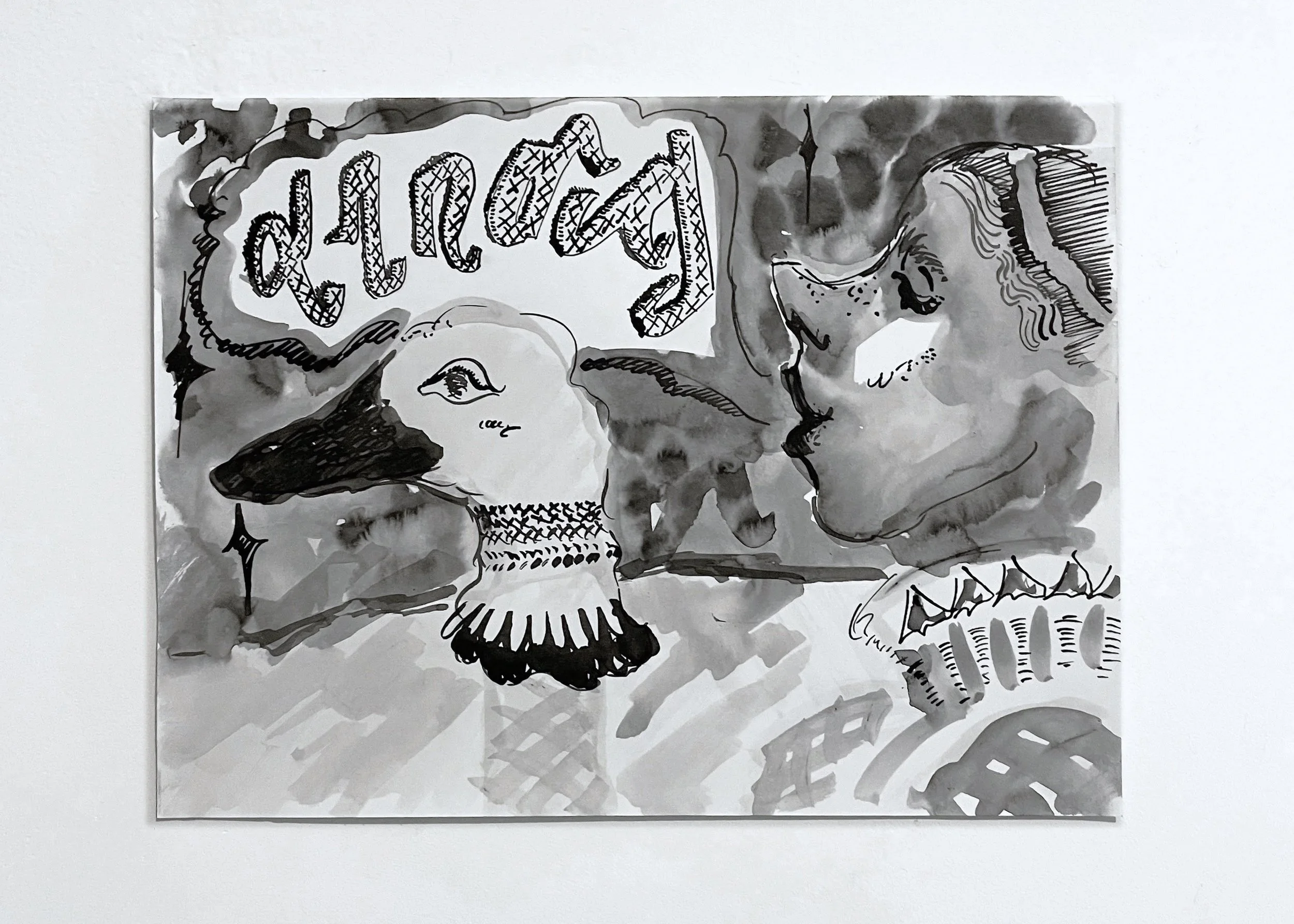 "the announcement: the meeting of the witch and the goose"
ink on paper 
8in x 10in
2024