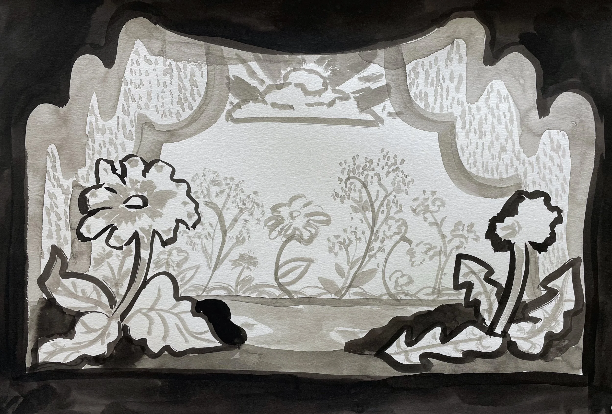 "daybreak in the garden"
ink on paper
12in x18in 
2023