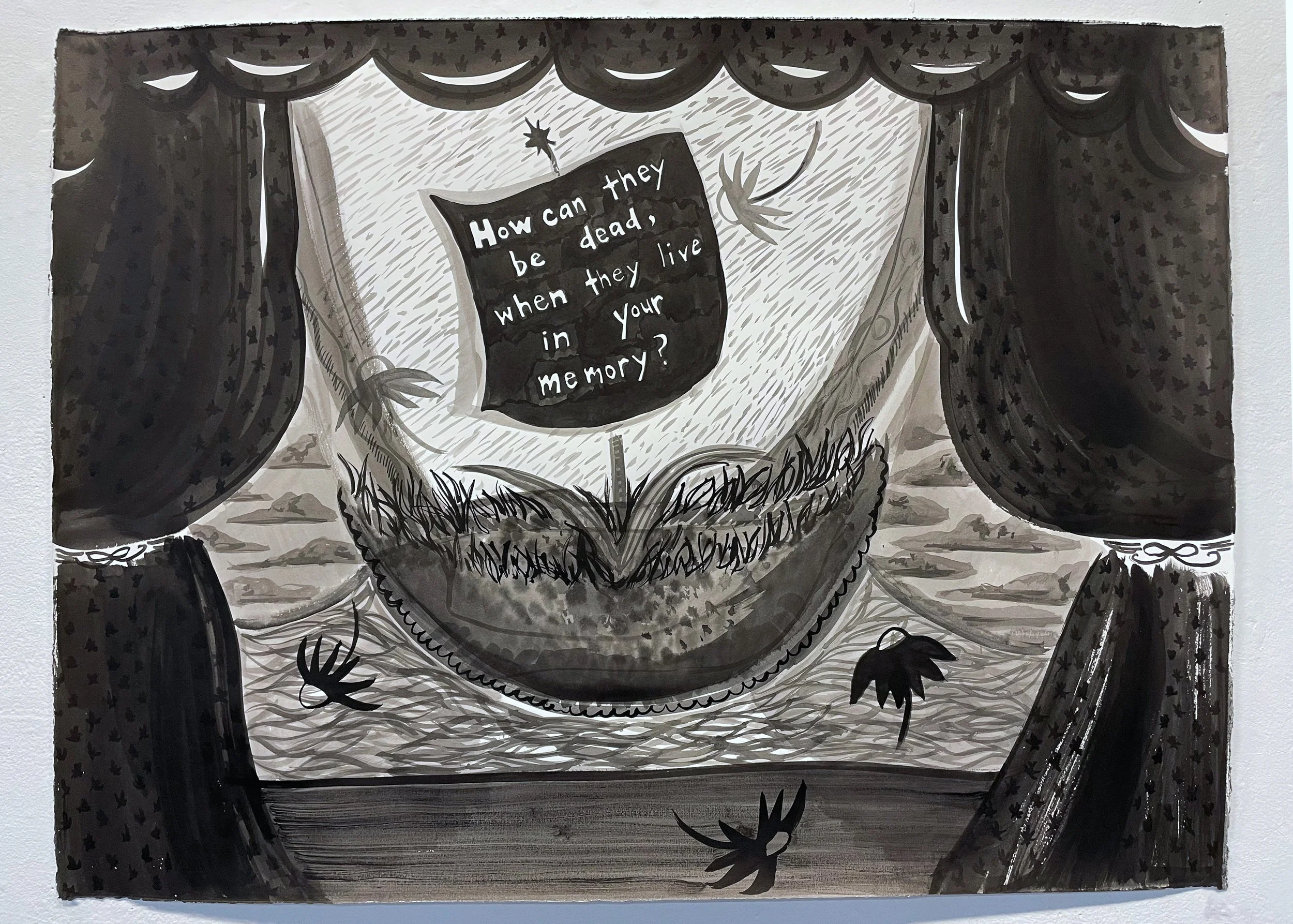 "a stage set for grief"
ink on paper 
22in x 30in 
2023