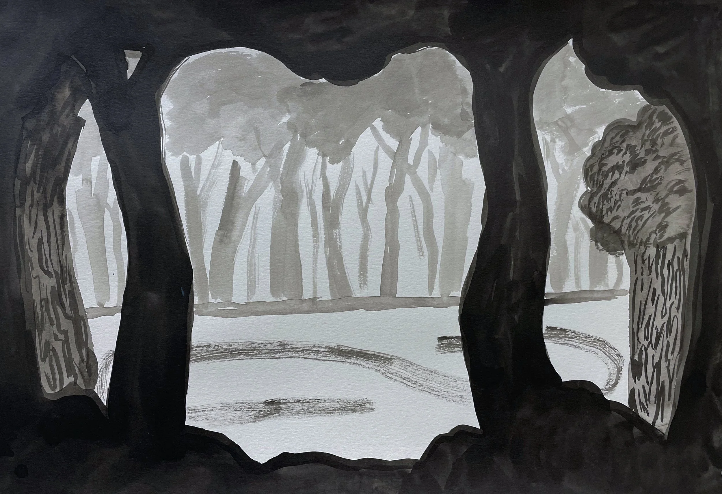 "through a forest, we are captured" 
ink on paper
12in x18in 
2023