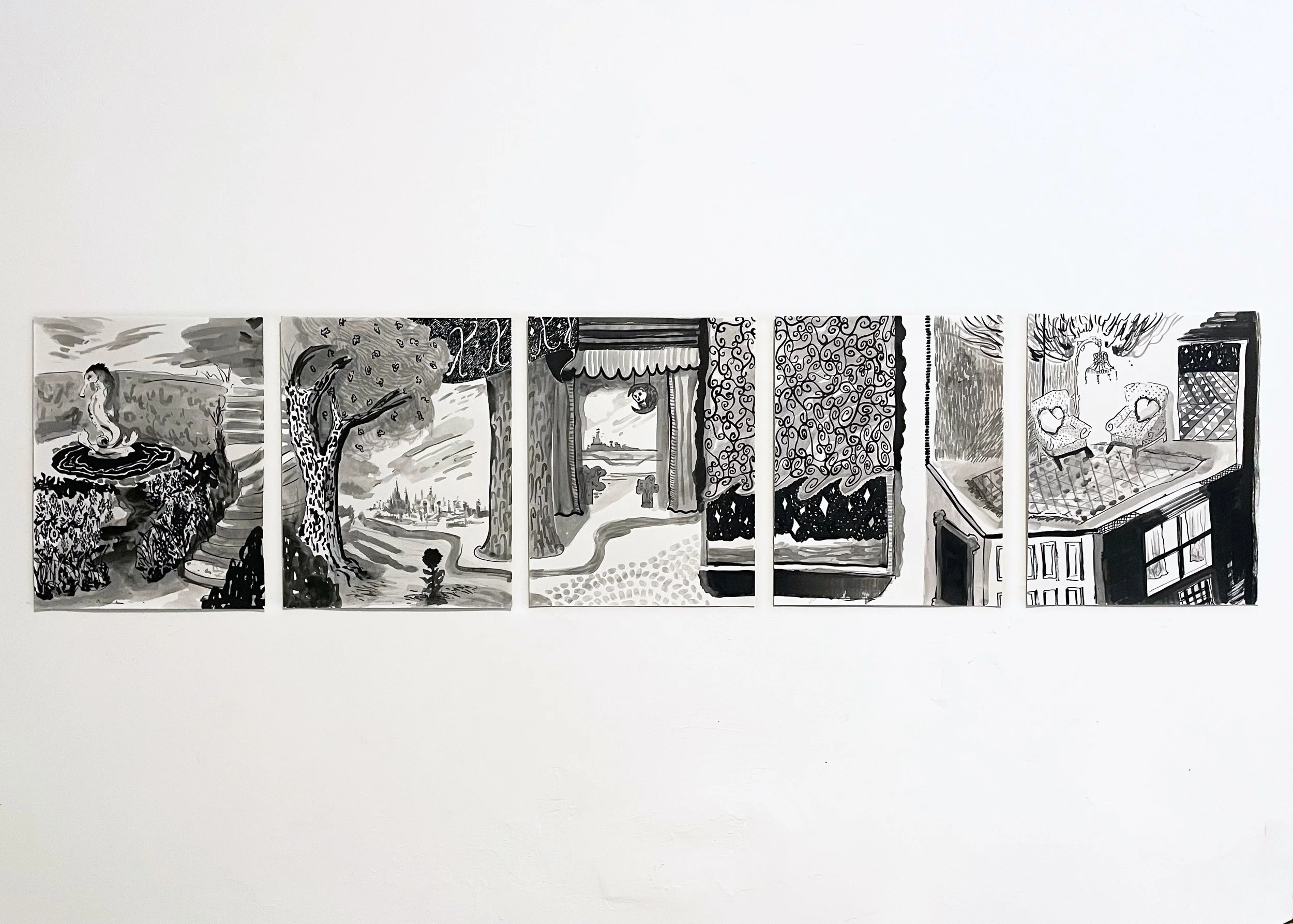 "escape from Fisherman's island"
ink on paper 
14in x 55in 
2024