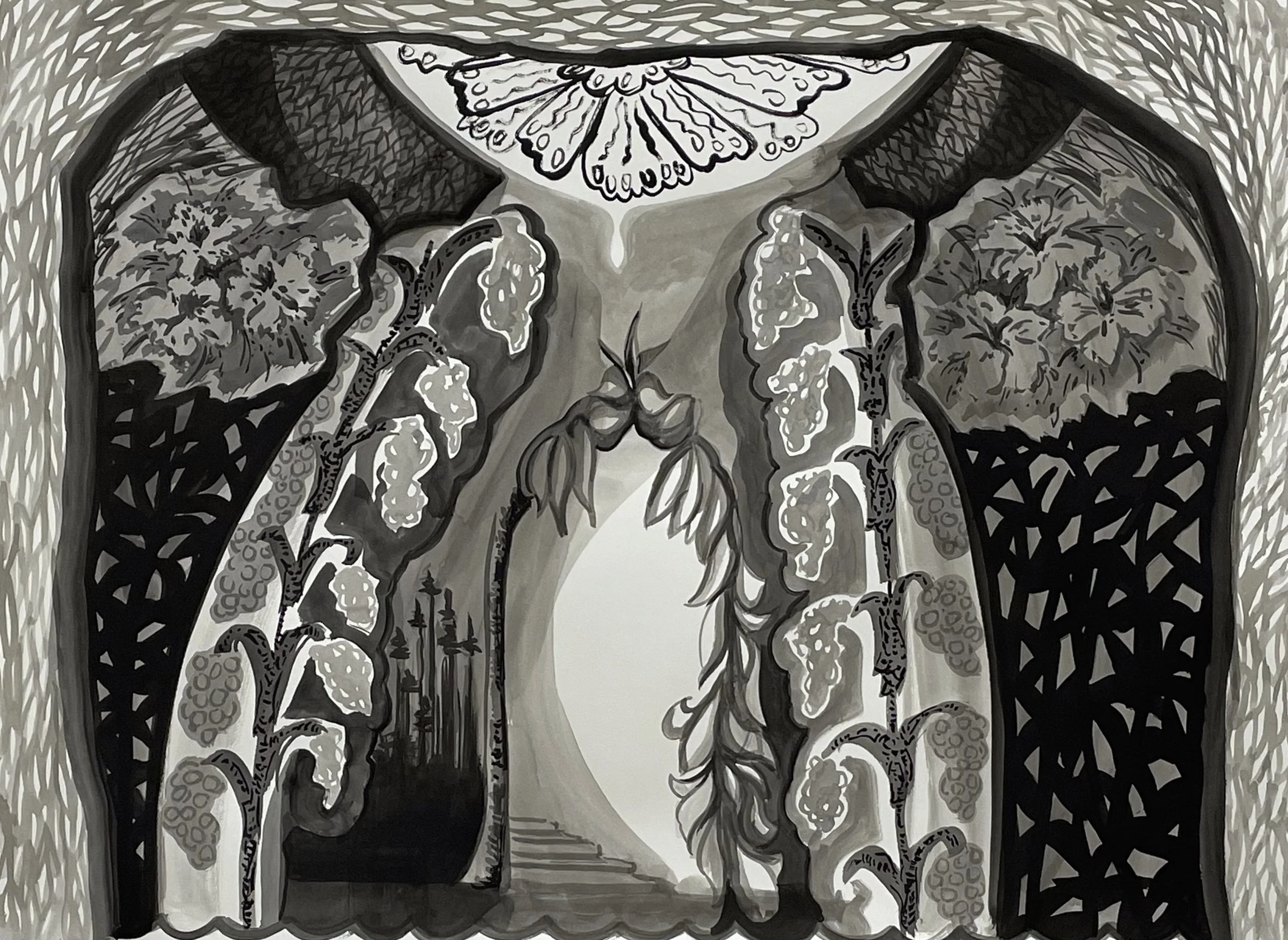 "somewhere amongst the pokeberries"
ink on paper 
22in x 30in 
2023