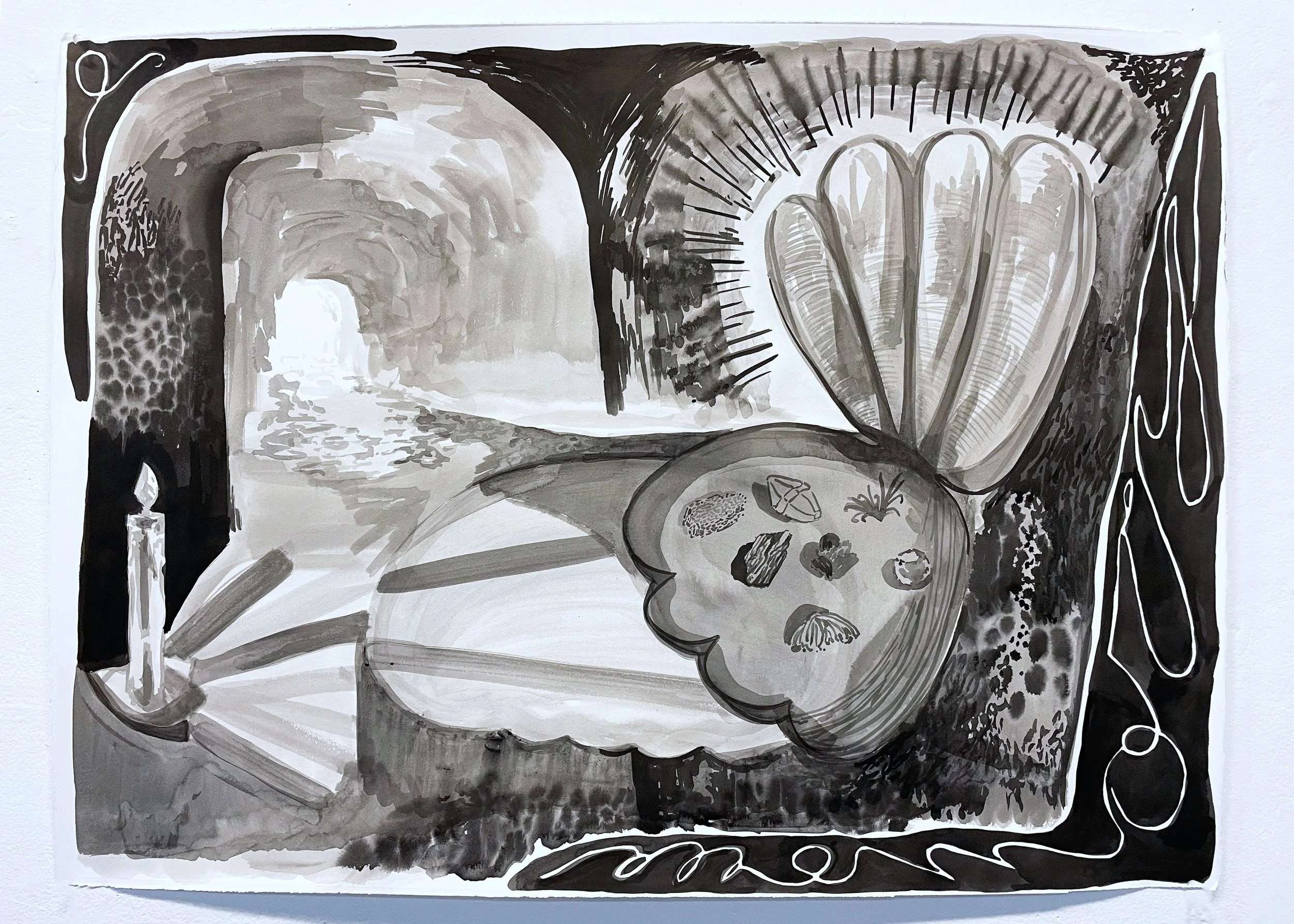 "offerings to a magpie's dream"
ink on paper 
22in x 30in 
2023