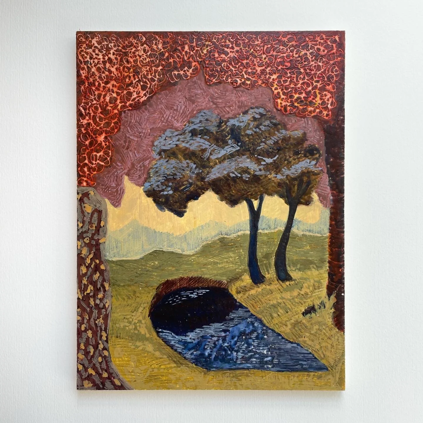 "on rhyming river"
egg tempera on panel 
7in x 9.75in 
2023