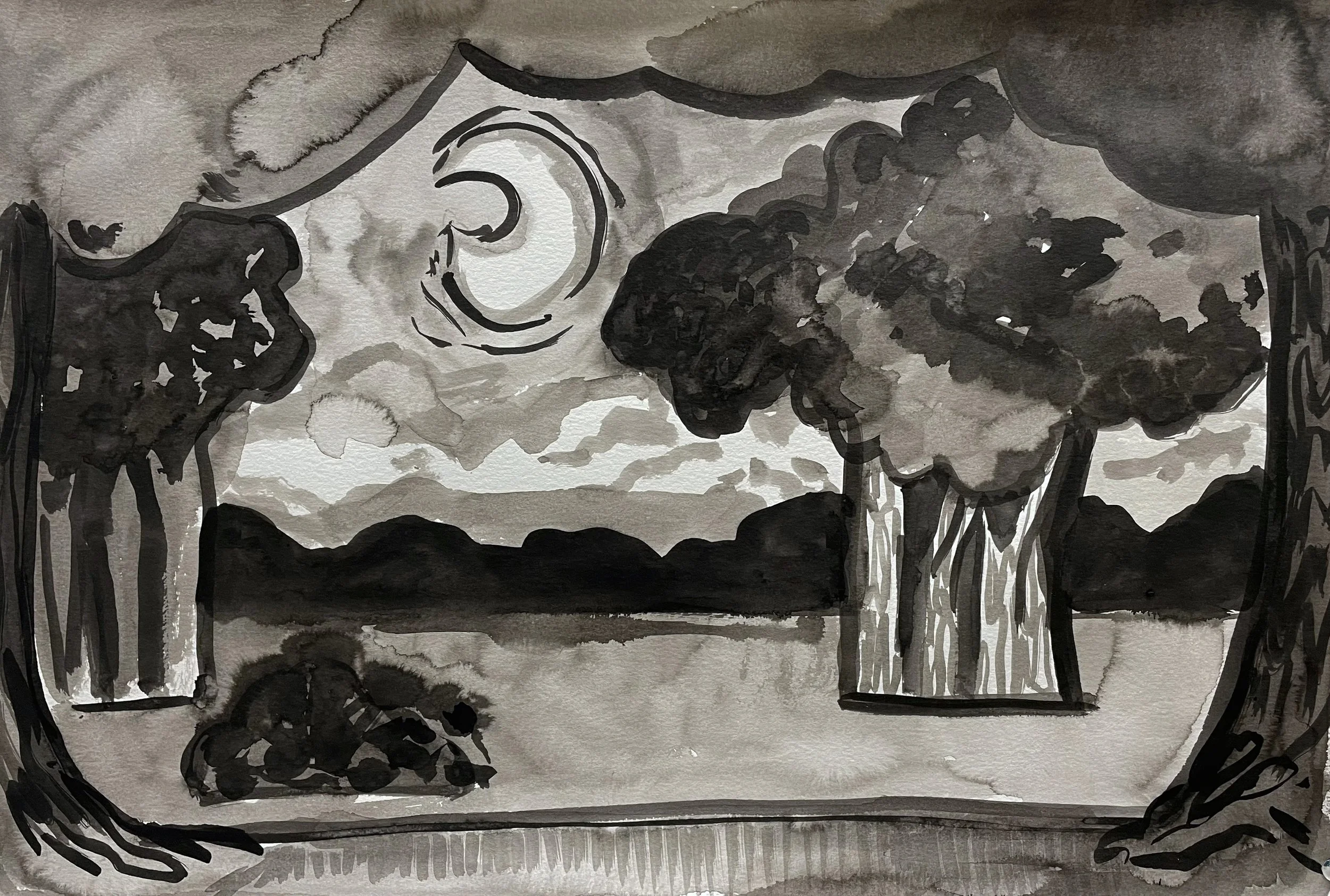 "dusk in the valley"
ink on paper
12in x18in 
2023
