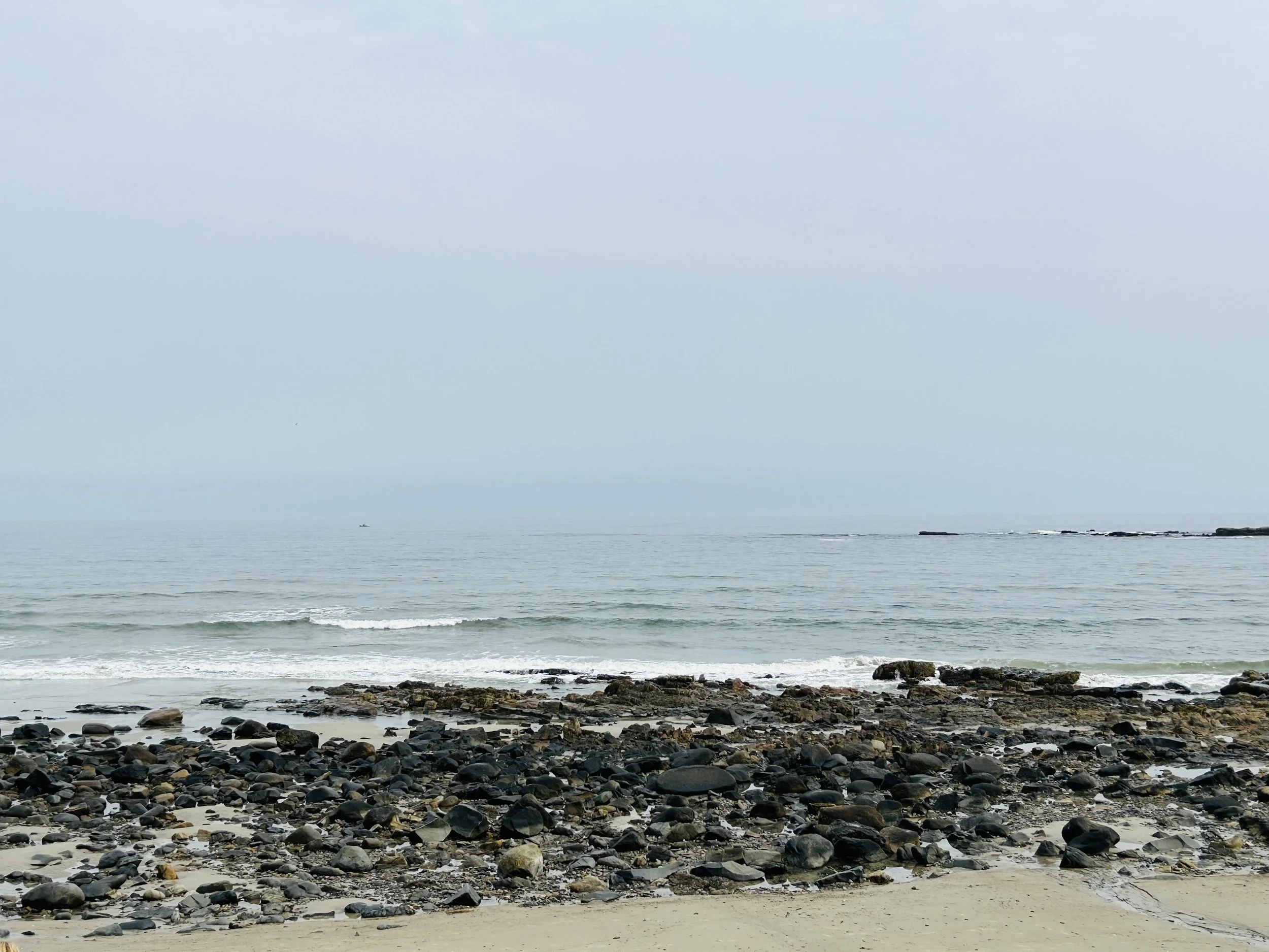 A rocky beach with calm ocean waves and overcast sky.