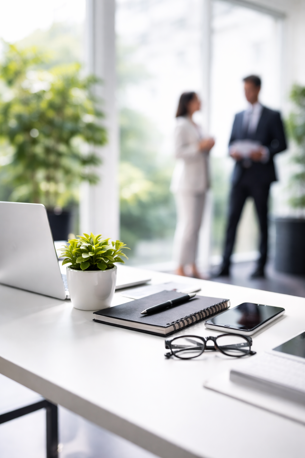 Close-up view of a white desk with a small potted plant, notebook, pen, glasses, smartphone, and a tablet in an office with two blurred people in business attire chatting near large windows with green trees outside.