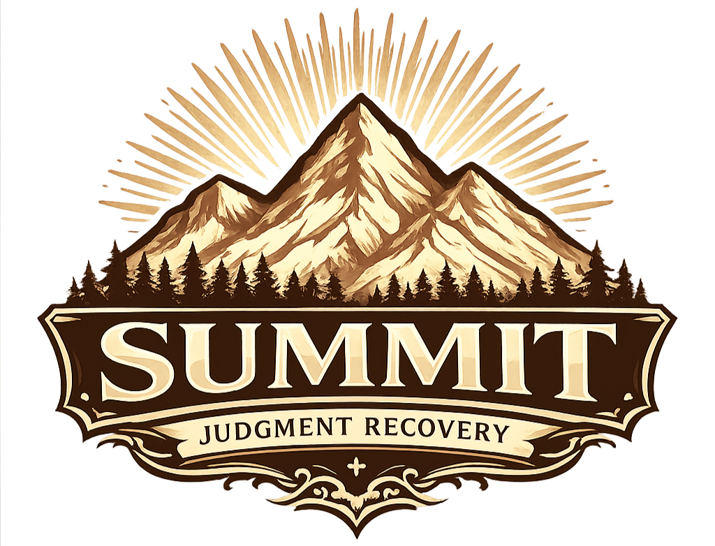 A logo with a mountain and sunlight behind it, featuring the words 'Summit' and 'Judgment Recovery'.