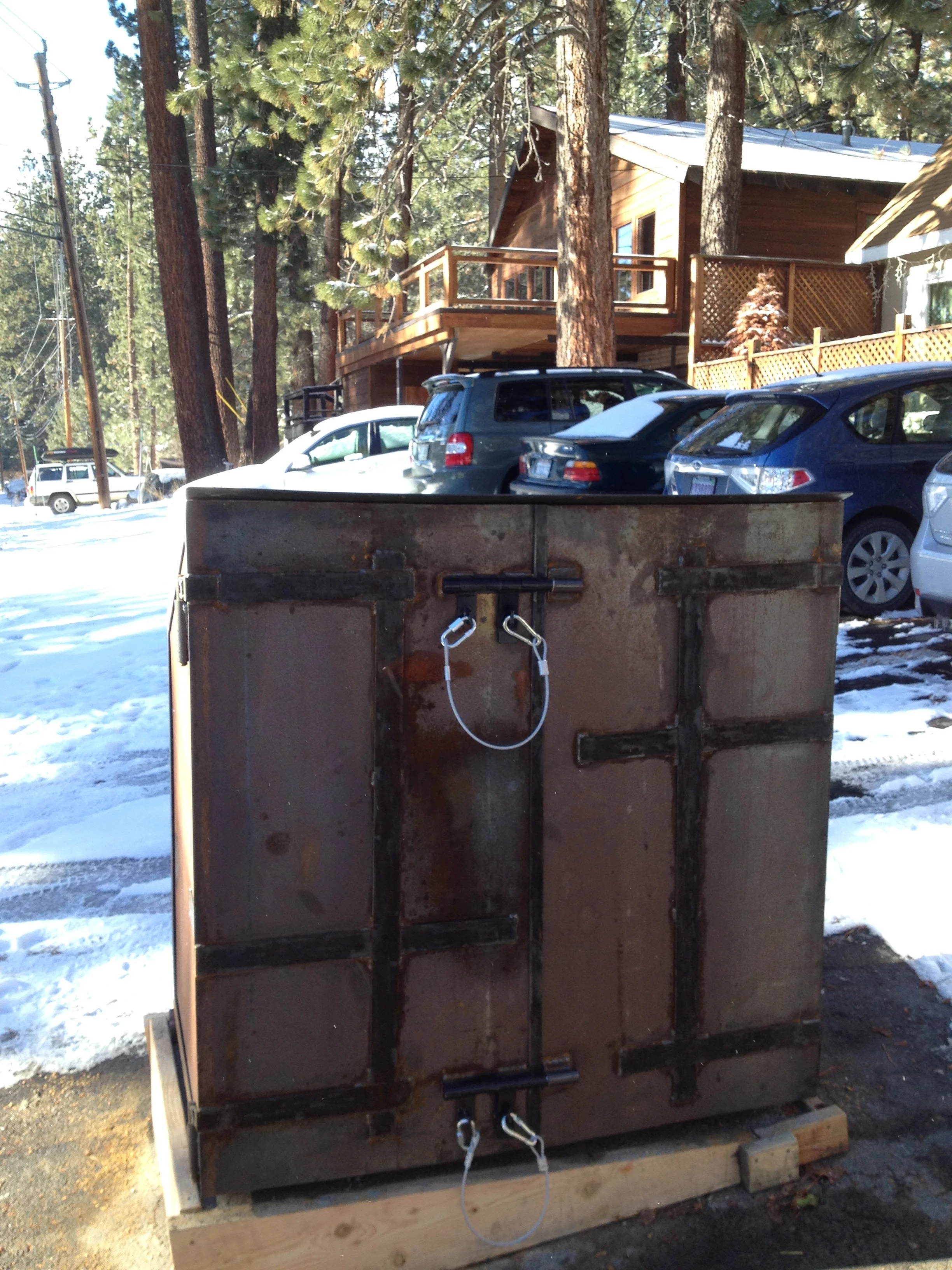   Tahoe Bear-Proof Refuse Locker   This bear-proof storage locker helps a client in the Lake Tahoe area whose home was repeatedly burglarized by bears looking for food! It keeps those prying claws away from the trash cans while concealing them in sty