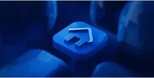 Close-up of a blue computer keyboard key with an up arrow symbol