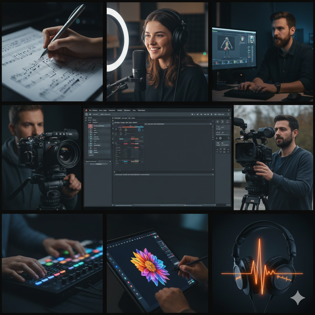 Collage of people working with music, video production, and digital art equipment, including a musician recording, video cameras, editing software, and digital drawing tablet.