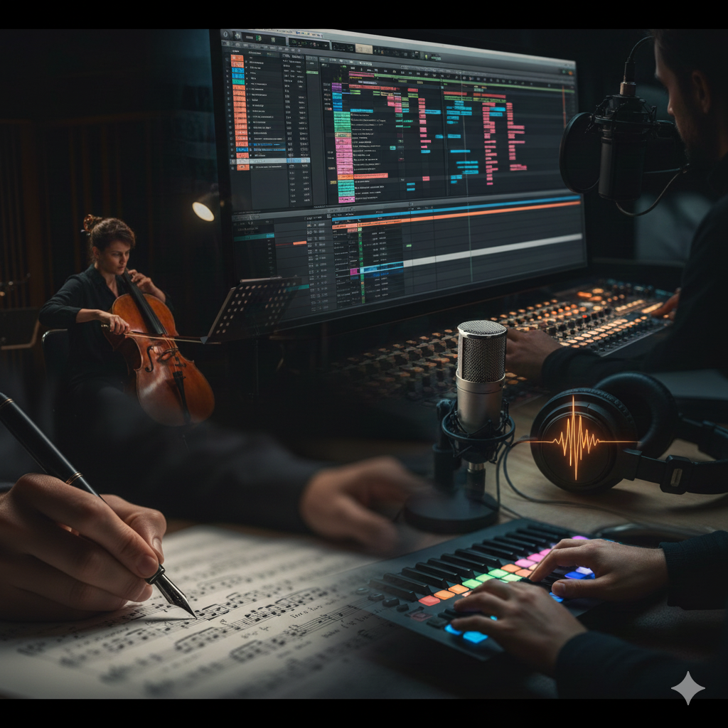 A music studio with a woman playing a cello, a person working with audio mixing controls, a computer screen displaying music production software, a microphone, headphones, a music score, and a handheld music controller with colorful buttons.