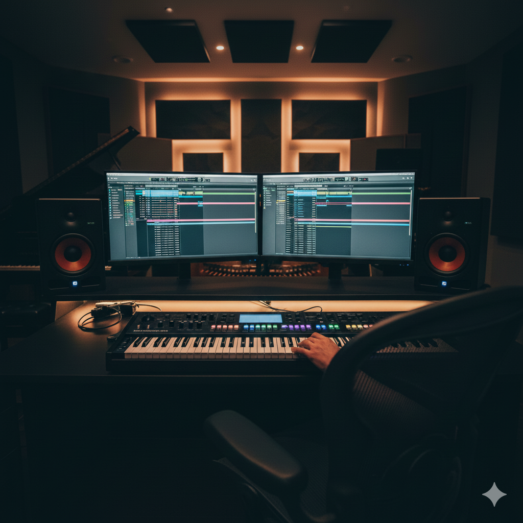 A music studio with a mixing console, two computer monitors displaying music production software, studio speakers, and acoustic panels on the wall.
