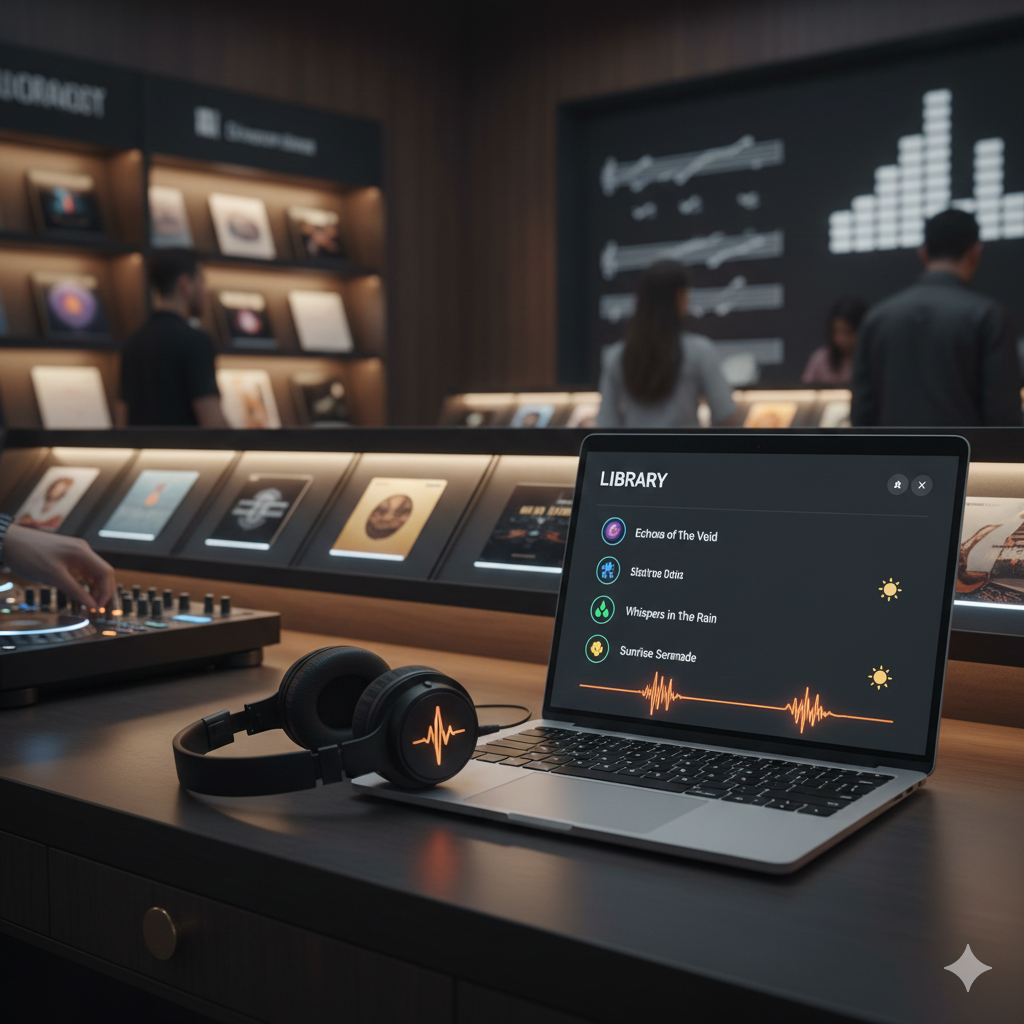 A modern library or bookstore with a table displaying a laptop showing a music playlist titled 'Library' with four song titles, a pair of headphones with an orange soundwave logo, and a DJ controller. In the background, there are books on shelves and people browsing, with a large screen displaying charts or graphs.