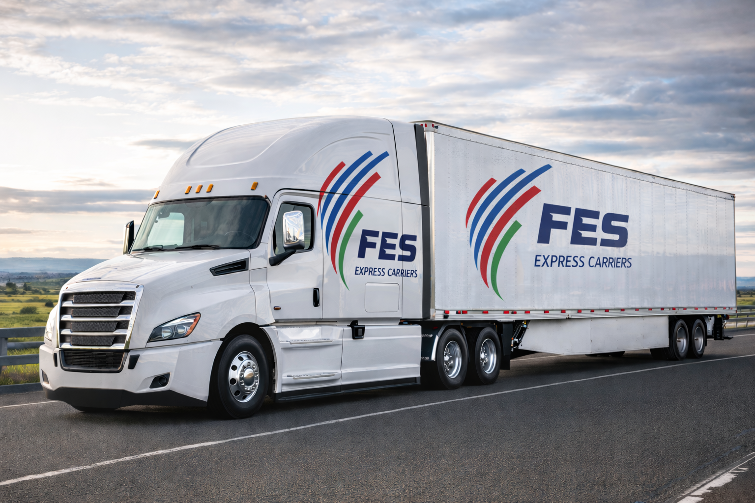 A large white semi-truck with the logo of FES Express Carriers parked on the side of a highway under a cloudy sky.