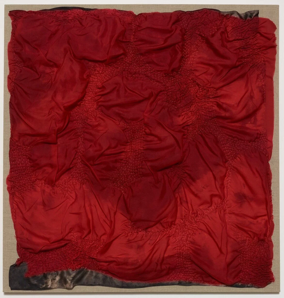 may,  2015.  
Monthlies body of work.  
Dims vary by piece but approx 38" X 40". 
Cocoa butter belly pressings on silk, quilting thread and linen