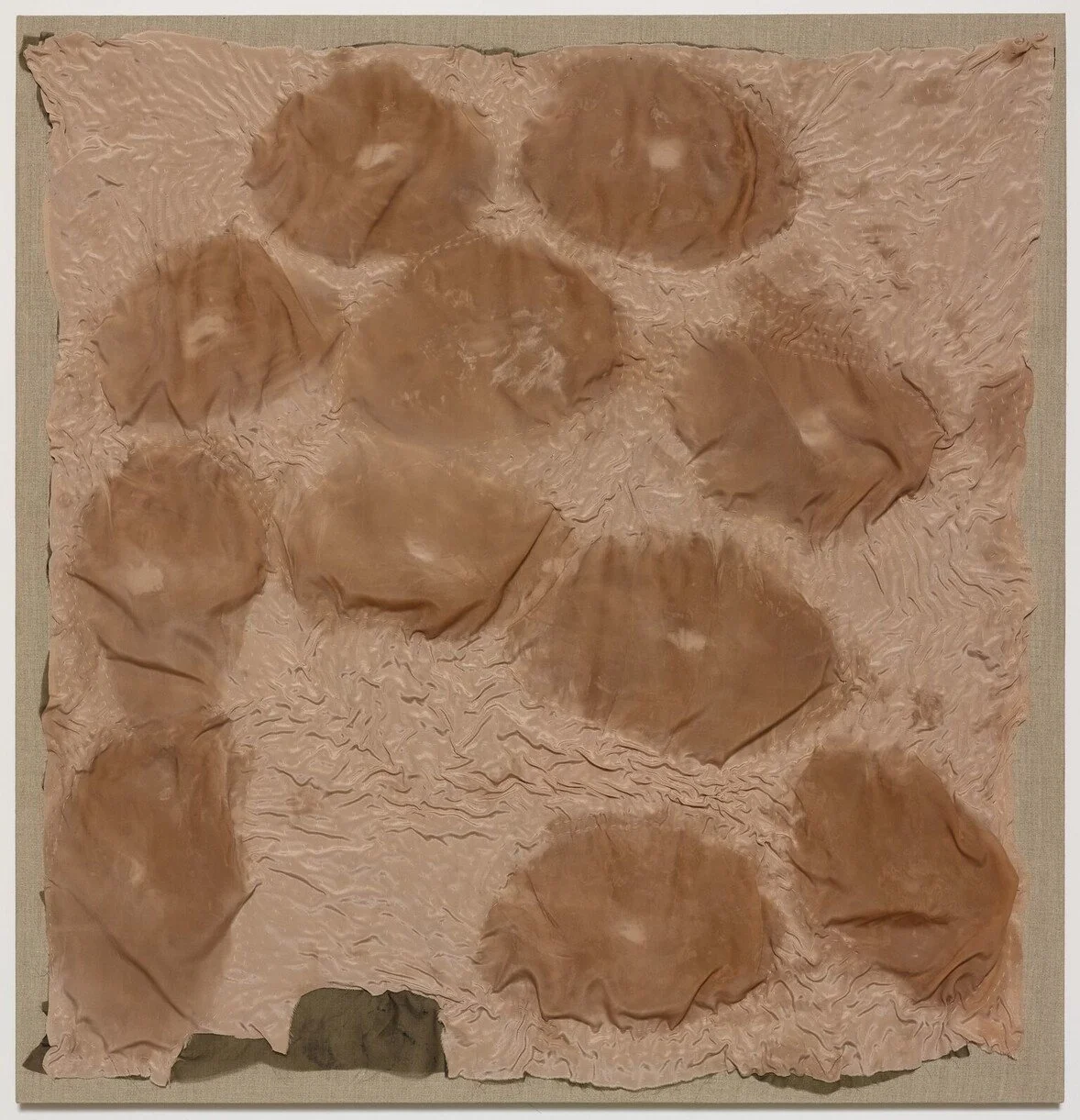 July,  2015.  
Monthlies body of work.  
Dims vary by piece but approx 38" X 40". 
Cocoa butter belly pressings on silk, quilting thread and linen