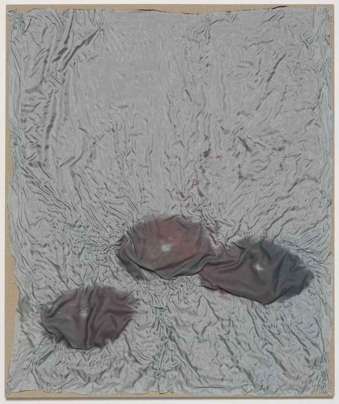 November,  2015.  
Monthlies body of work.  
Dims vary by piece but approx 38" X 40". 
Cocoa butter belly pressings on silk, quilting thread and linen