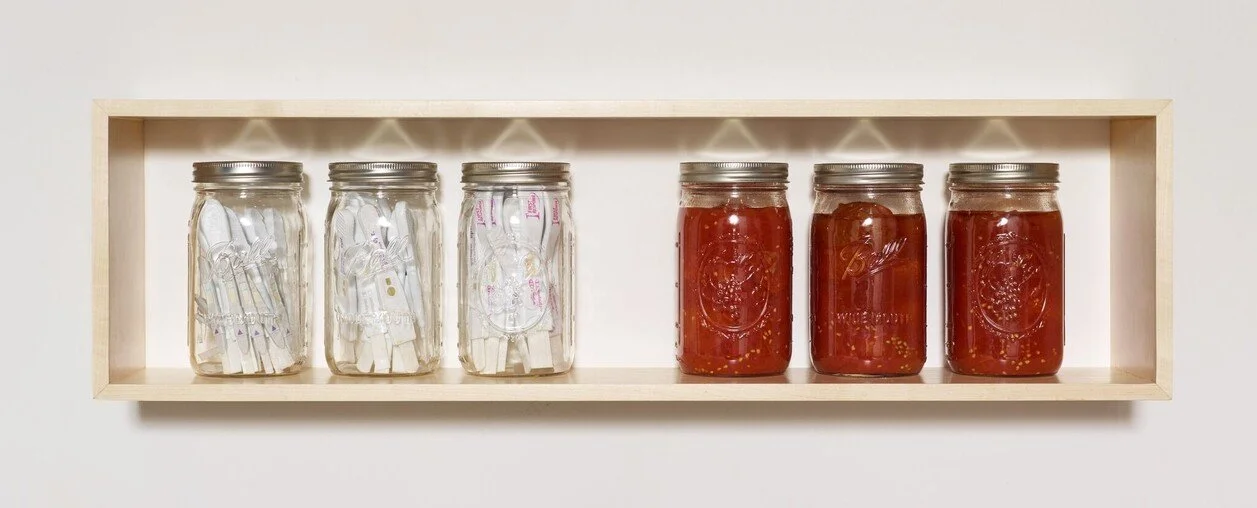 Tests and tomatoes, 31 X 8 inches, Tomatoes, glass canning jar and metal lid, maple, 2016