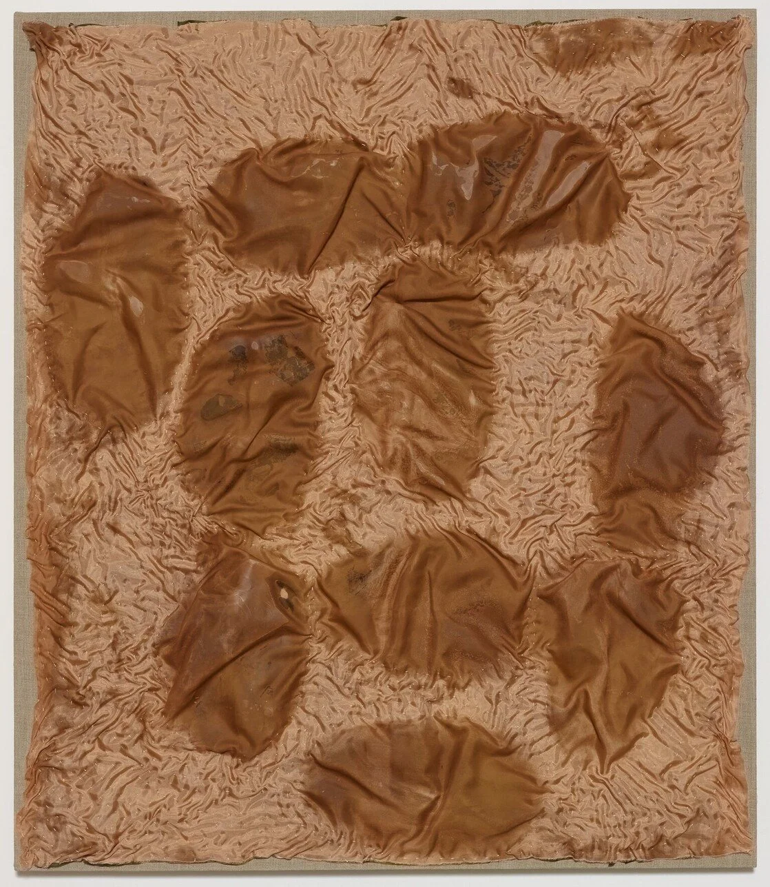 October,  2015.  
Monthlies body of work.  
Dims vary by piece but approx 38" X 40". 
Cocoa butter belly pressings on silk, quilting thread and linen