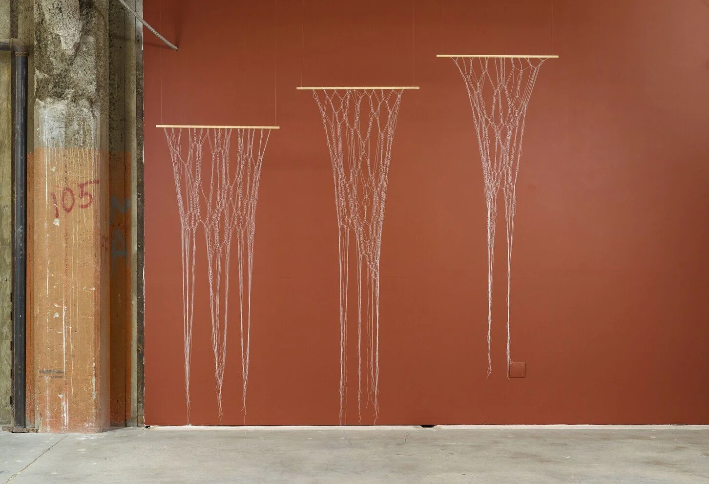 Holding patterns 1, 2, 3, approx 32" x 85", Cotton leather working thread, beeswax and cocoa butter and poplar wood, 2016