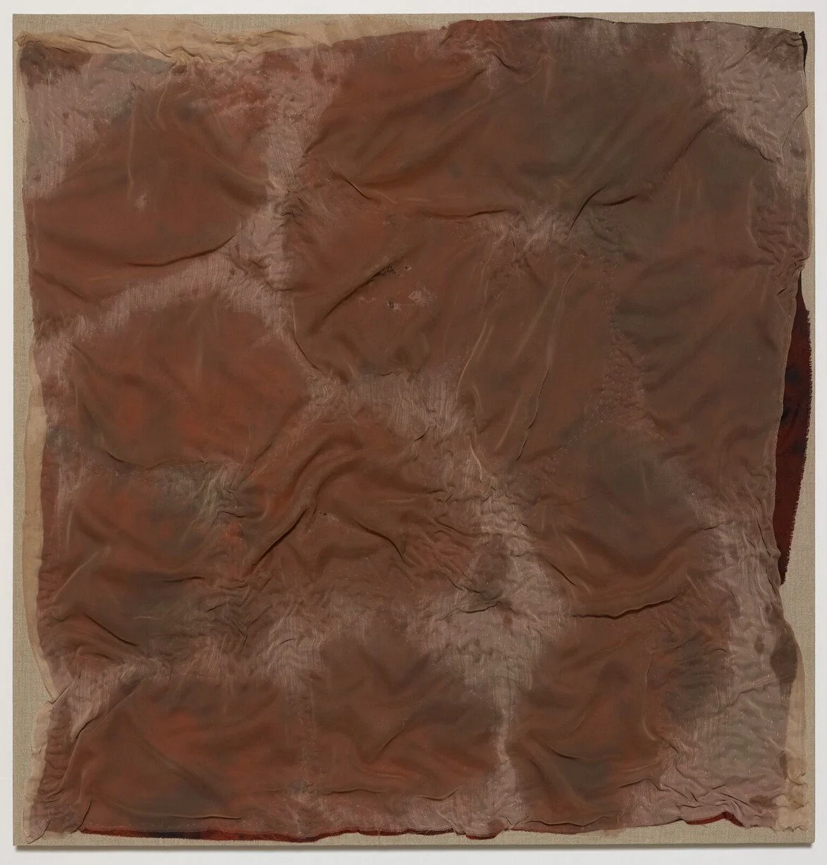 september,  2015.  
Monthlies body of work.  
Dims vary by piece but approx 38" X 40". 
Cocoa butter belly pressings on silk, quilting thread and linen