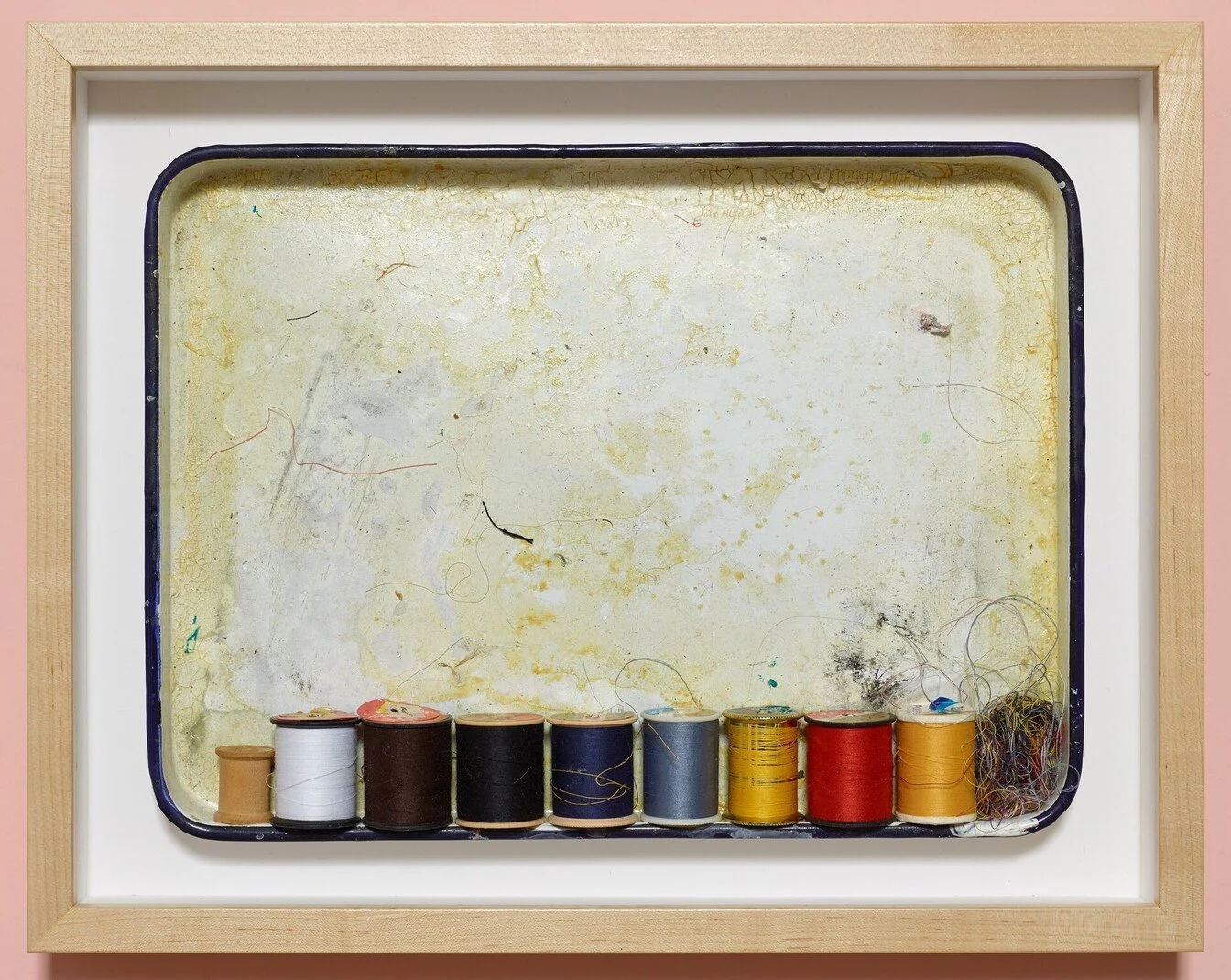 Mom's old thread, thread, enamel tray and studio remnants, 8 x 12 inches, 2016